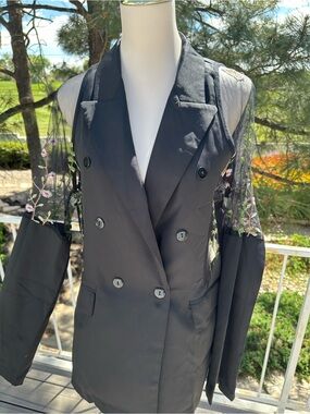 Women's Black Double-Breasted Blazer Coat with Sheer Embroidered Sleeves